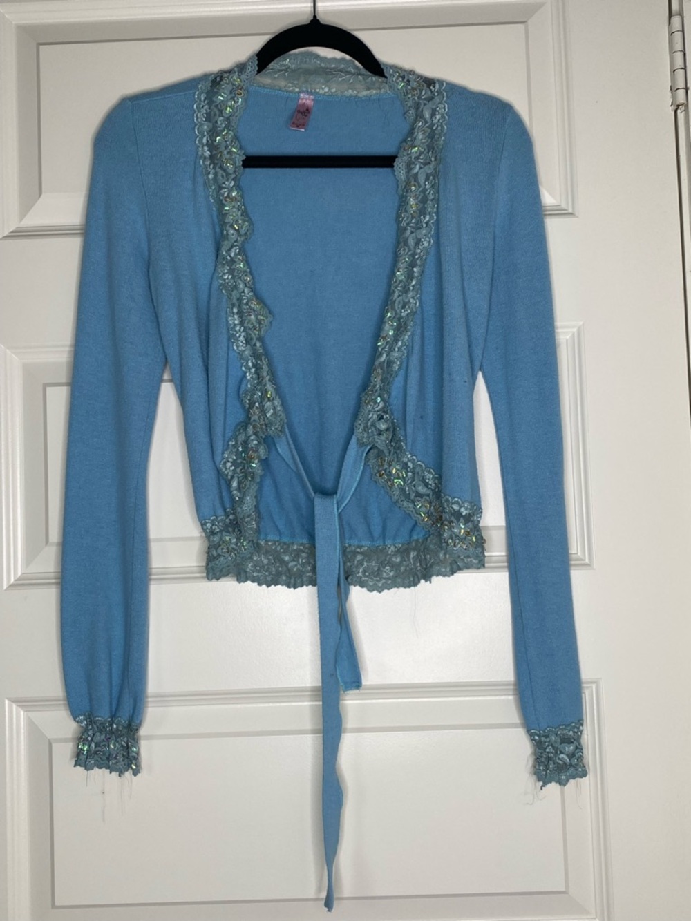 Light Blue Lace-Trim Tie-Front Cardigan Sweater